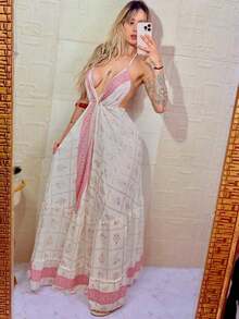 Elegant White Women's Long Silk  Print Dress - 粉色 - 查看 2