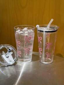 1pc,Cute Pink Bow Reusable Plastic Tea Cup With Lid And Straw,Watar Bottle For Men And Wowen,Office&School& Birthday&Party - Multicolor - View 3