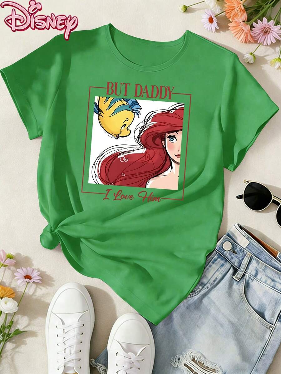 Disney T-Shirt,Disney Ladies T-Shirt Featuring Classic Disney Ariel Princesses Lettered Patterns, Made Of Soft, Comfortable And Durable Fabric. A Spring/Summer Round-Neck Short-Sleeved T-Shirt, Suitable For Daily Wear, Shopping, Traveling,St. Patrick's Day And Party Outfits. Also A Wonderful Gift,Multiple Colors Are Available For Selection. - màu xanh lá - Xem 1