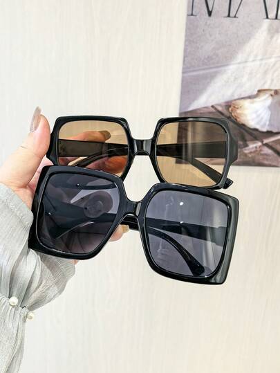 2 piezas Gafas de mujer con marco cuadrado de policarbonato en estilo retro y sobredimensionado con bloques de color para uso al aire vacaciones, con estuche