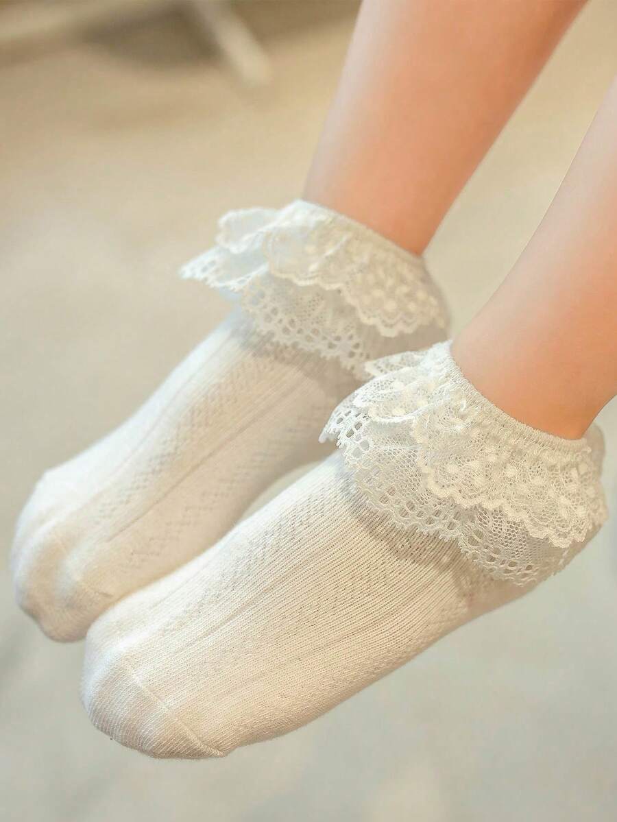 1 Pair Spring/Summer Girls' Socks, Candy Color Princess Style Fresh Double-Layer Lace Socks, Breathable Mesh Soft Short Socks, Fashion , Soft & Comfortable, Casual Versatile Suitable For Home, Outings, Dance Performances, Holidays, Back To School, Valentine's Day - White - View 1