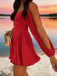 Women's Summer Elegant Vacation Style V-Neck Solid Color Sexy Pleated Short Dress With Back Slit - Red - View 2
