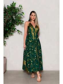 Elegant White Long Dress For Women In  Printed Silk - Green - View 2