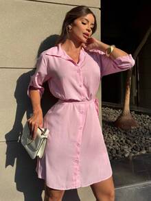 Button-Down Shirt Dress With Sash. - Rosa Pálido - Ver 6