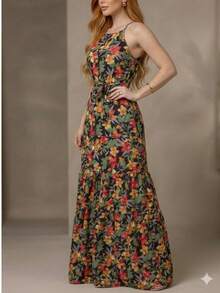 Vestido Maxi Halter con Estampado Tropical y Abstracto - Elegancia para Galas de Verano, Bodas en Playa y Fiestas al Aire Libre - Negro - Ver 2