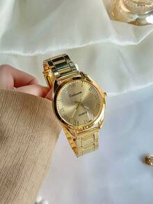 1pc Women's Fashion Elegant Gold Round Dial Quartz Watch, Suitable For Daily Decoration/Party/Gift - Gold - View 1