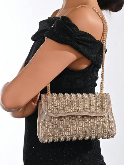 1pc Shiny Gold Square Handbag, Elegant And Charming, Delicate Small Rhinestone Chain Decor Shoulder Evening Bag, Dual-Direction Top Handle, Suitable For Parties, Galas, Ideal Gift For Women. This Handbag Also Has A Sparkling Clasp, Making It A Perfect Choice For Carnival Events.