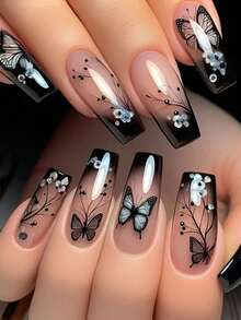 24片芭蕾舞者蝴蝶图案美甲贴纸，亮面设计，易于粘贴和卸除。简约、甜美、优雅、奢华风格，可移除美甲贴纸，适合节日、派对、聚会和日常佩戴。包含1瓶甲油胶和1把指甲锉。易于粘贴的美甲贴纸。美甲用品。美甲 - 彩色 - 查看 7