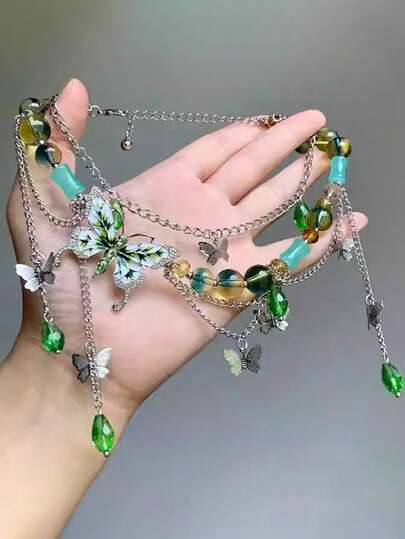 1pc Fashionable Vintage Elegant Butterfly Tassel Pendant Necklace, Multi-Color Beaded Chain Necklace, Suitable For Women's Party, Holiday, Date Wear, Holiday Gift, Jewelry Gift