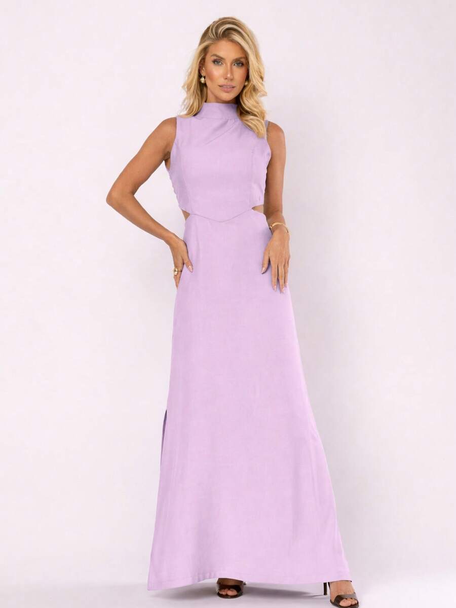 Formal Dress For Parties, Graduations, Or Weddings. Long, Tailored Dress With A High Neck, Side Slit, Side Opening Detail, Comfortable, With Pockets, Elegant. - 紫丁香色 - 查看 1