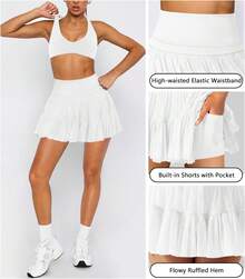 Women's Mini Skirt Skort Flowy Pleated High Waisted Ruffle Tennis Skirts For Women Athletic Skater Golf With Shorts Pockets - White - View 4