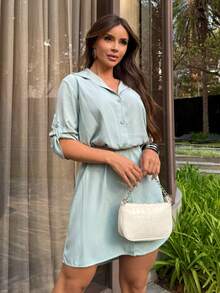 Button-Down Shirt Dress With Sash. - Olive Green - View 6