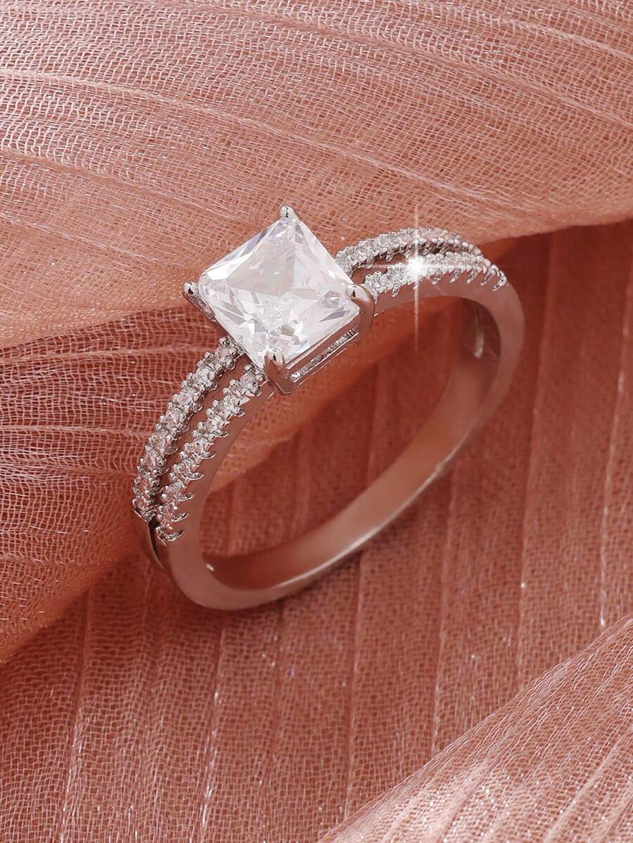 1 Peça Anel de Noivado Quadrado Elegante e Cintilante de Zircônia Cúbica para Mulheres, Adequado para Noivado, Casamento, Festa, Dia dos Namorados ou Presente de Aniversário - Prata - Visão 1