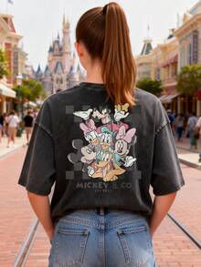 This Disney Women's T-Shirt Features A Creative Mickey Mouse And His Friends Cartoon Print. It's A Spring/Summer Style Crew Neck Retro Washed Cotton T-Shirt, Made Of Soft And Comfortable Pure Cotton Fabric, Suitable For Everyday Wear, Shopping, Travel, And Casual Occasions. It Also Makes A Wonderful Gift. - Black - View 3