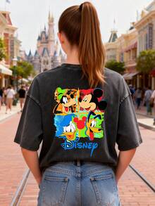 This Disney Women's T-Shirt Features A Creative Double-Sided Print Of Mickey Mouse And His Friends' Lettering And Cartoon Designs. It's A Spring/Summer Style Crew Neck Retro Washed Cotton T-Shirt, Made Of Soft And Comfortable Pure Cotton Fabric, Suitable For Everyday Wear, Shopping, Travel, And Casual Occasions. It Also Makes A Wonderful Gift. - Black - View 3
