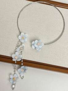 1pc Fashionable Elegant Sweet Rhinestone Flower & Faux Pearl Tassel Choker Necklace, Suitable For Women's Daily, Party, Holiday, Date Wear, Jewelry Gift - Multicolor - View 3