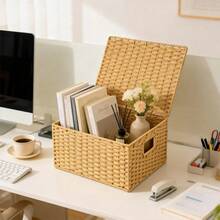 Natural Paper Rope Storage Baskets Set With Lids Woven Hamper & Organiser Box For Home Office Shelves Rustic Decorative Storage Baskets Portable Storage Baskets With Handles - Wood Color - View 5