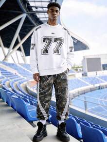 EVRINFINITE 男士时尚街头数字和植物印花圆领运动衫和运动裤套装，秋季服装 - 黑與白 - 查看 1
