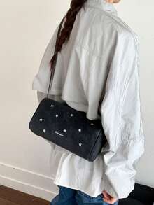 休闲字母印花斜挎包，复古星星和爱心设计，女士单肩包，春季款 - 黑色 - 查看 7