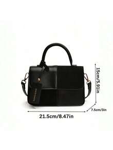 Women's Square Handbag With Dual-Color Plaid Patchwork Design, Fashionable, Elegant, Minimalist, Crossbody, Black - 黑色 - 查看 4