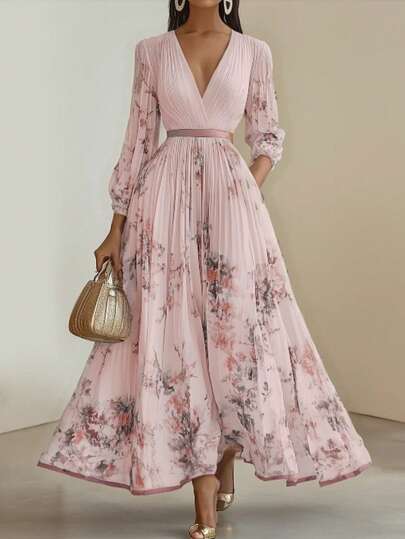 Vestido de entretiempo con escote en V, estampado floral y falda plisada tipo 'A' - Estiliza tu silueta