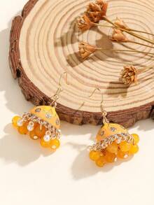 1 Đôi bông tai vàng chạm khắc tinh xảo với hạt ngọc bích và tua rua ngọc trai giả, kiểu dáng tối giản và thời trang, phù hợp cho phụ nữ và bé gái đeo hàng ngày, dự lễ hội, đám cưới và tiệc tùng/Quà tặng trang sức - Thời trang - Xem 5