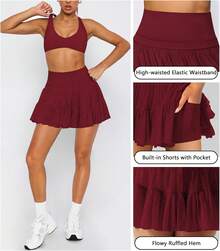 Women's Mini Skirt Skort Flowy Pleated High Waisted Ruffle Tennis Skirts For Women Athletic Skater Golf With Shorts Pockets - 紅色 - 查看 4
