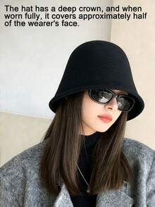 Sombrero de cubo de estilo coreano versátil para otoño/invierno de las mujeres, sombrero de cubo con marco, pasamontañas de punto de lana - Negro - Ver 8