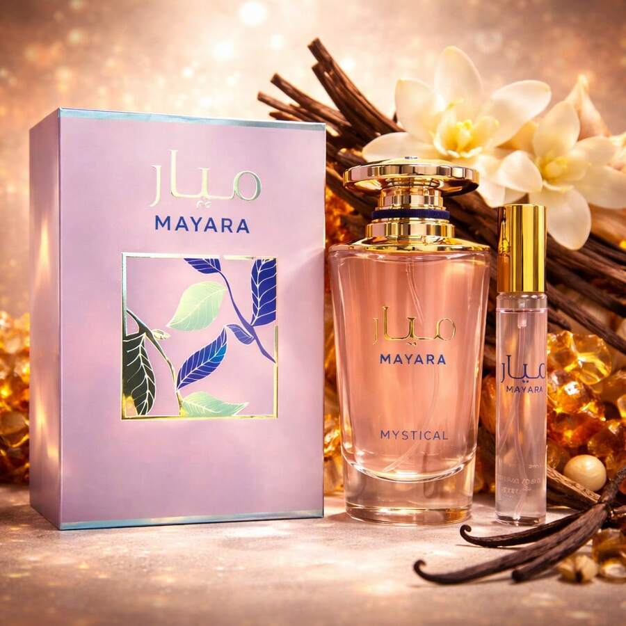 Lattafa مجموعة هدايا للنساء من لطافة مايارا، ماء عطر 100 مل + رذاذ سفر، روائح العنبر والصندل والفانيليا - حلو - مشاهدة 1