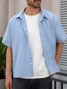 Men's Casual Patterned Short Sleeve Shirt, Loose Fit Retro Plaid Open Front Top - Blue - View 2