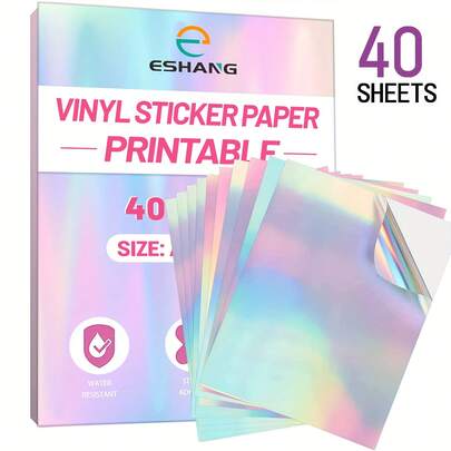 ESHANG Holografisch stickerpapier voor inkjetprinters - 10/20/30/40 vellen A4-formaat (21 x 29,5 cm), zelfklevend vinyl stickerpapier, waterdicht, regenboog printbaar, levendige kleuren, scheurvast