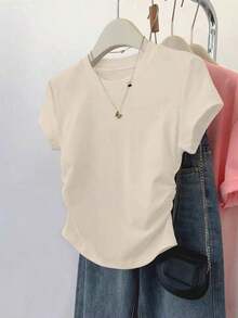A Simple Solid-Color Short-Sleeved T-Shirt Set For Women, Suitable For Daily Wear And Easy To Match With Various Outfits. Includes 1 Piece - Multicolor 16 - View 3