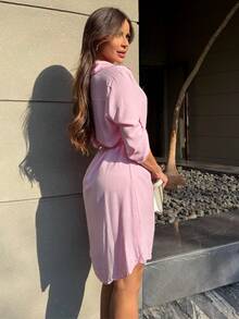 Button-Down Shirt Dress With Sash. - Rosa Pálido - Ver 4