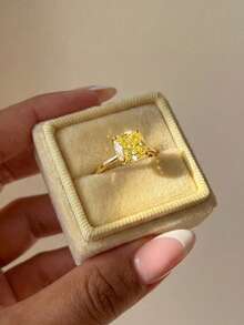 Stylever 1枚925纯银方形单钻立方氧化锆戒指，女士时尚结婚周年纪念礼物，精致珠宝，日常装饰 - 黃色石 - 查看 4