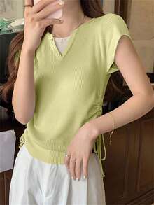 2-In-1 Knit Short Sleeve T-Shirt, Women Summer Lightweight Design Cinched Waist Top - Green - View 2