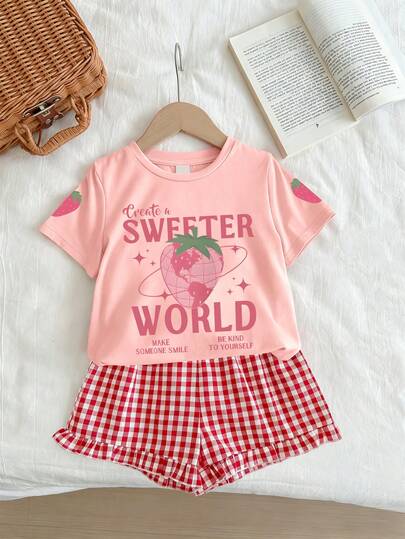 2pcs/Set Girls Cute Top And Shorts Set, Sweet Strawberry Print Shorts Set, Soft T-Shirt And Red Plaid Shorts Set, Suitable For Spring And Summer Daily Wear