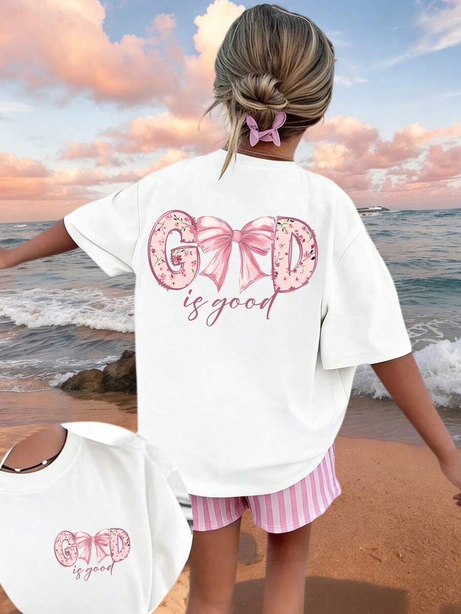 Koszulka dla dziewcząt z krótkim rękawem i okrągłym dekoltem, letnia góra, nadruk zabawny - Biały - Zobacz 1