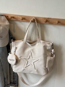 New Fashion Casual Denim Fabric Star Pattern Tote Bag With Coin Purse - White - View 8