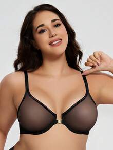 WINGSLOVE Plus Size Sheer Unpadded Deep V Bra, Metal Front Closure, Lightweight & Breathable, Criss-Cross Back Design, Bust Enhancing - Black - View 6