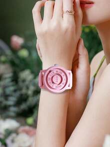 DOM 1pc Men's Watch, Retro Roman Numeral Dial Quartz Waterproof Wristwatch, Unique Magnetic Levitation Technology, Leather & Steel Strap, Suitable For Gifts And Daily Wear - Pink - View 3