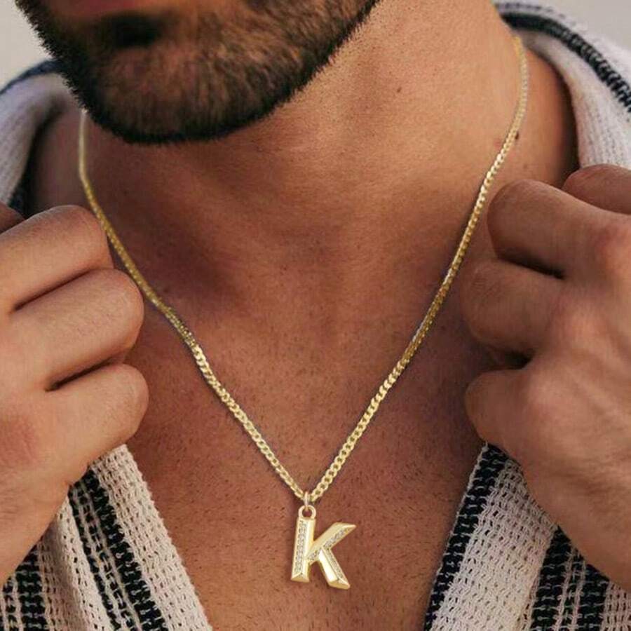 1 pieza Collar con colgante de inicial de moda, cadena de acero inoxidable dorado simple para hombres - Amarillo Oro - Ver 1