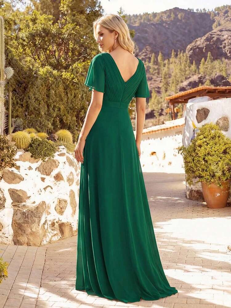 EVERPRETTY Spring Elegant V-Neck Ruffle Butterfly Sleeve Green Bridesmaid Dress, Guest Dress, Semi-Formal Dress For Mother Of The Bride, Wedding, Birthday Party