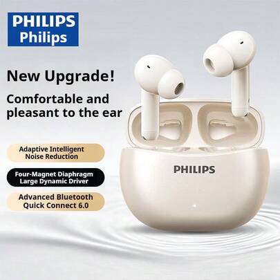  Philips TAT1320 Bluetooth 6.0 Earphones, 28 Hours Playtime, 10mm High-Fidelity Drivers, AI Microphone, Semi-In-Ear Wireless Earbuds For Music & Calls - Black/White