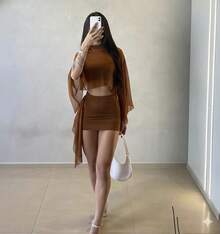 Elegant Women's Tulle Set • Flowing Sleeves + Shaping Short Skirt In Spandex • Party/Evening Look - 鏽棕色 - 查看 4