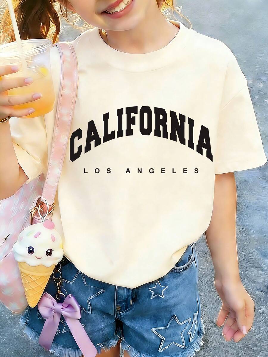 Tween 女童休闲趣味印花圆领短袖 T 恤，夏季上衣 - 杏色 - 查看 1