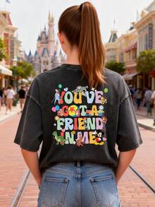 This Disney Women's T-Shirt Features A Creative Toy Story Letter And Cartoon Print On Both Sides. It's A Spring/Summer Style Round Neck Retro Washed Cotton T-Shirt, Made Of Soft And Comfortable Pure Cotton Fabric, Suitable For Everyday Wear, Shopping, Travel, And Casual Occasions. It Also Makes A Wonderful Gift. - 黑色 - 查看 3