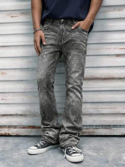 Modcrash Slim Fit Stretch Denim Jeans, Distressed Washed Cotton Casual Jeans, Slant Pockets Washed Denim Trousers For Men, Lightweight Business Casual Straight Leg Jeans, Suitable For All Seasons Spring To Summer