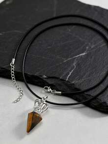 1pc Minimalist Stainless Steel Crown & Natural Tiger Eye Stone Pendant Necklace For Men, Father's Day Gift - Silver - View 5