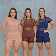 Kit 3 Camisetas de Tule Feminina – Kit 3 Camisetas Femininas para Academia – Tule Respirável e Confortável - Kit 3 Blusas de Tule para Academia - Nude Marrom Azul - Visão 2