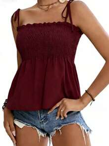 T109 Short Top With Straps And Ruffles - Burgundy - View 2